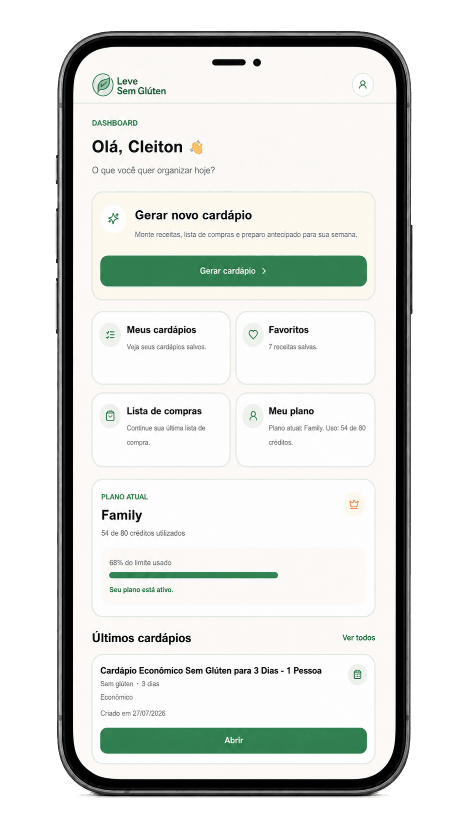 Dashboard do Leve Sem Glúten exibido em um celular