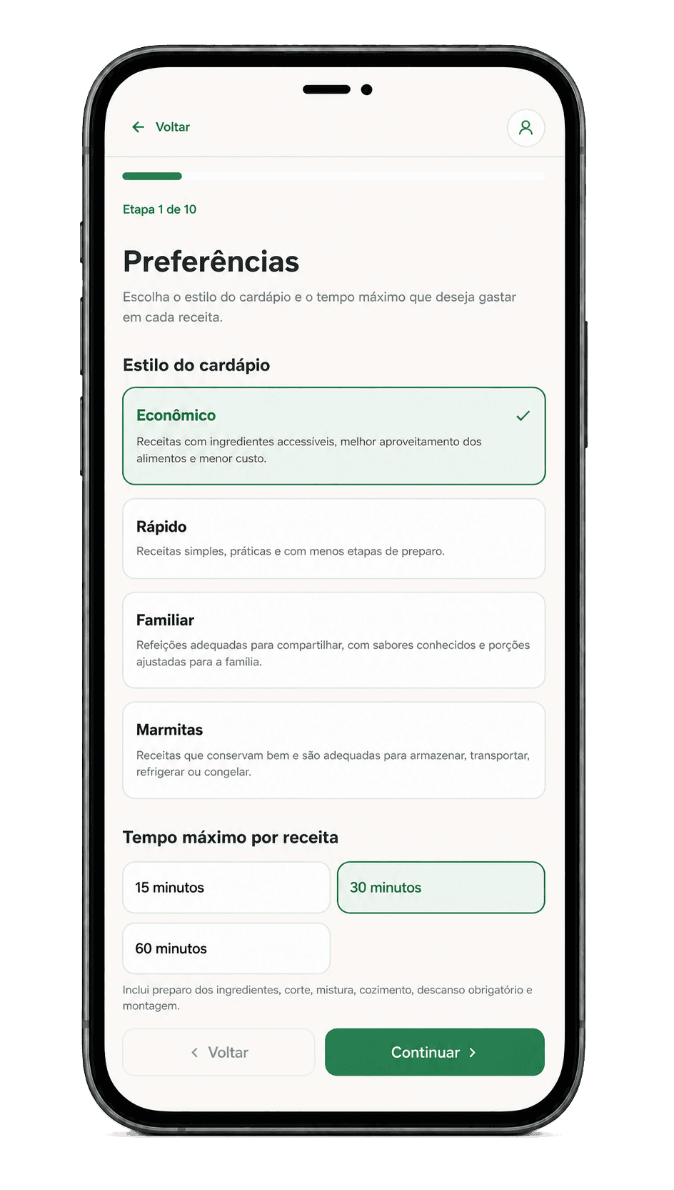Escolha de preferências para criar um cardápio no Leve Sem Glúten
