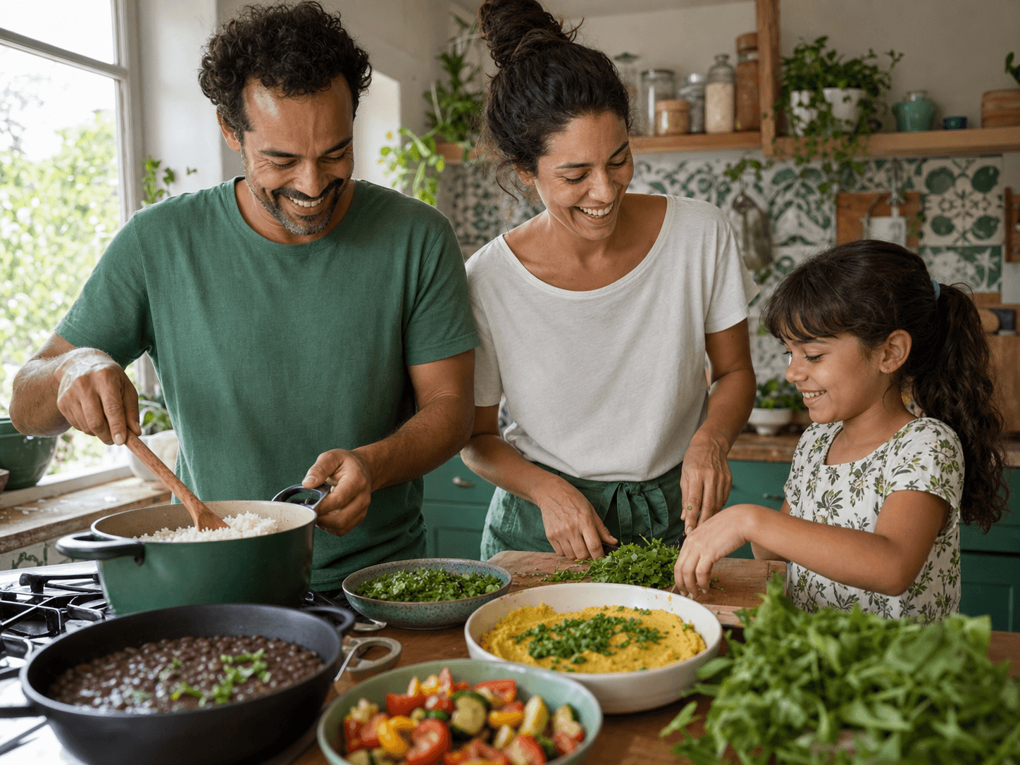 Família sorrindo enquanto prepara uma refeição naturalmente sem glúten em casa